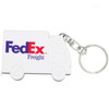 A keychain shaped like a white delivery truck, featuring a logo and a metal clasp for attachment.