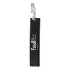 A drink bottle opener in sleek black with a metal loop attachment and a logo.