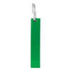 A drink bottle opener in bright green with a silver hook for attachment. Features branding on the surface.