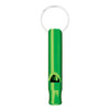 A green aluminium whistle keychain with a silver keyring attachment.