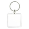 A square acrylic keychain with a silver metal ring, featuring a clear, blank surface.