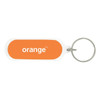 An oval acrylic keychain in orange with a metal ring and a logo.