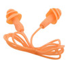 Two orange earplugs connected by a flexible cord, designed for noise reduction or sleep.