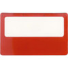 A red pocket ruler magnifier with a clear sleeve for holding documents. It features measurement markings along the top.