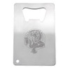 A stainless steel credit card-sized bottle opener features a detailed engraved design on its surface and a circular hole.