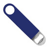 A drink bottle opener featuring a navy blue handle and a stainless steel bottle cap remover. It includes a logo.