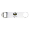 A drink bottle opener in white with a metal cap-opening feature and a logo.