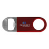 A drink bottle opener featuring a red vinyl handle and a stainless steel bottle opener, with a logo displayed.