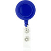 A round badge holder in blue with a retractable clear strap for attaching badges or ID cards.