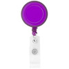 A round badge holder in vibrant purple with a white clip and retractable cord. Features a logo on the back.