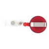 A round red badge holder with a silver clip and a retractable cord attached to a white strap.