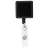 A rectangular black badge holder with a clear retractable strap and a metal clip for attachment.