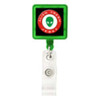 A green rectangular badge holder with a clear strap and a logo displayed in the centre.
