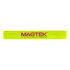 A reflective slap wristband in bright yellow with a logo, designed for events and exhibitions.