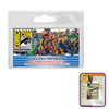 A clear plastic tradeshow badge holder with a colourful design featuring superheroes. It includes a logo and an insert.