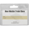 A clear, plastic badge holder with a top slot for hanging. It features a blank area for writing names and company details.
