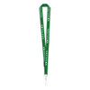 A green custom lanyard featuring a logo and text in white, with a metal clip at the end.