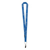 A blue custom lanyard featuring a logo and a clip attachment at the end.