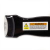 A black magnetic flashlight with two LED lights, featuring a warning label and a visible battery compartment.