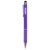 A purple stylus pen with a silver clip and accents, featuring a logo on the barrel.