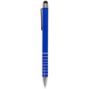 A blue stylus pen with a chrome clip and silver accents, featuring a soft tip for touchscreens.