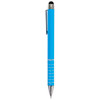 A blue stylus pen with a shiny silver trim and a black tip for touchscreen devices. The pen features a logo.