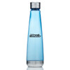 A drink bottle made of clear Tritan material, featuring a sleek blue design and a metallic silver lid.