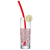 A drink bottle filled with ice and clear liquid, featuring a red reusable silicone straw and a lime slice garnish.