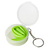 A green reusable silicone straw stored in a clear casing with a keychain attachment.