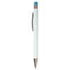 A white stylus pen with a blue tip and metallic accents, featuring a clip and a logo.