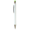 A white stylus pen with a green tip and a silver clip, featuring branding on the barrel.