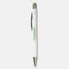 A white stylus pen featuring a green accent, with a logo on its side.