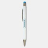 A white stylus pen with a blue top and a clip, featuring a logo on the barrel.
