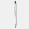 A white stylus pen with a red top and a sleek metallic clip, featuring a logo on the barrel.