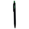 A black plastic pen with a green accent and a clip, featuring a branding logo.