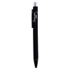 A black plastic pen with a silver tip and a logo on the side.