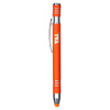 An orange metal pen with a sleek design, featuring a silver clip and tip. The pen includes a logo on its barrel.