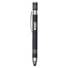 A black metal pen with silver accents and a clip, featuring a branded logo.