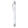 A white metal pen with a sleek design and chrome accents, featuring a clip and a logo.