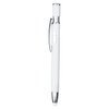 A white metal pen with a chrome clip and tip, featuring a branding logo.