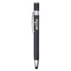 A black metal pen featuring a sleek design and a clip, with a logo on the body.