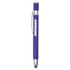 A purple metal pen with a silver clip, featuring a logo on the body.