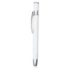 A metal pen in white with silver accents, featuring a clip and a sleek design. It has a branding logo.