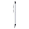 A white metal pen with a silver clip and tip, featuring a logo on its body.