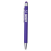A purple metal pen with a silver clip and a branding logo. Features a smooth finish and a stylus tip.