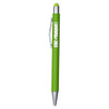 A green metal pen featuring a silver clip and a rounded tip, with a logo on the barrel.