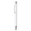 A white metal pen with a silver clip and tip, featuring a branding logo.