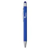 A blue metal pen featuring a sleek design and a clip, with a branding logo on the barrel.