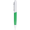 A green and silver metal pen with a sleek design and a clip for convenient attachment.