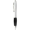 A silver pen with a black rubber grip and a silver clip, featuring a logo on the body.